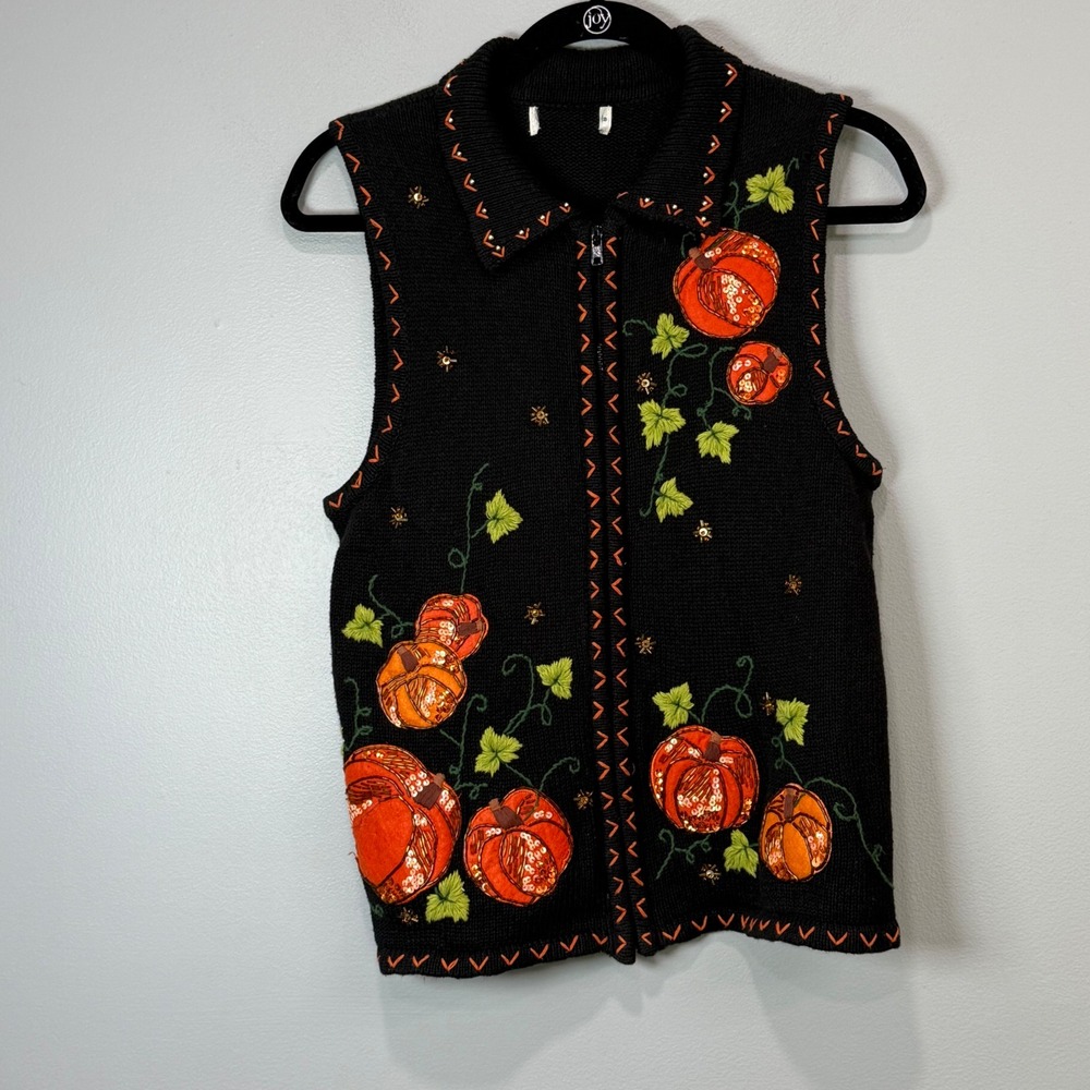Vtg Black Pumpkin Embroidered Zip Front Sweater Vest Halloween Fall Small